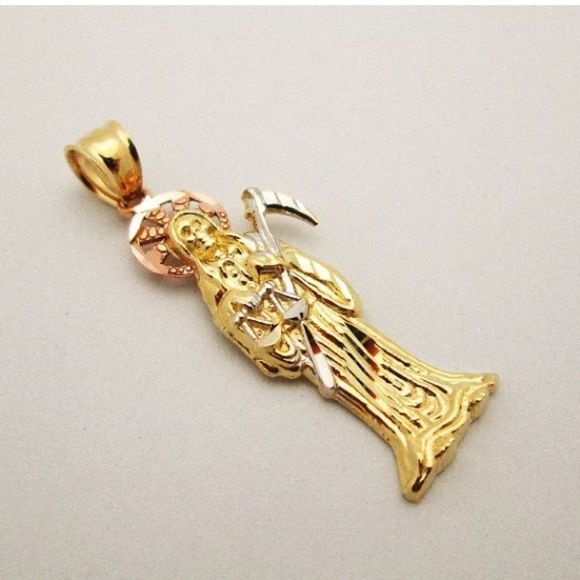 New Solid 10K Gold Tri Color Saint Muerte Pendant